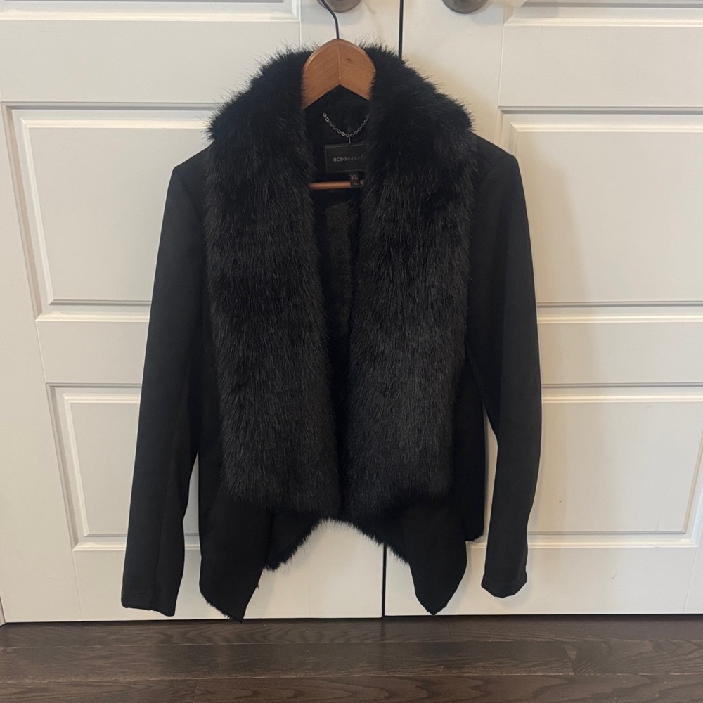 BCBGeneration Black Open-Front Jacket with Faux Fur Trim